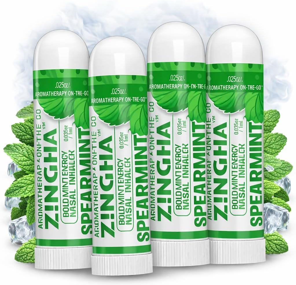 Z!NGHA Natural Aromatherapy Nasal Inhaler Stick for Sinus Relief, Focus & Stress Relief | Portable Dual-Hole Essential Oil Blend (4PK, Spearmint)