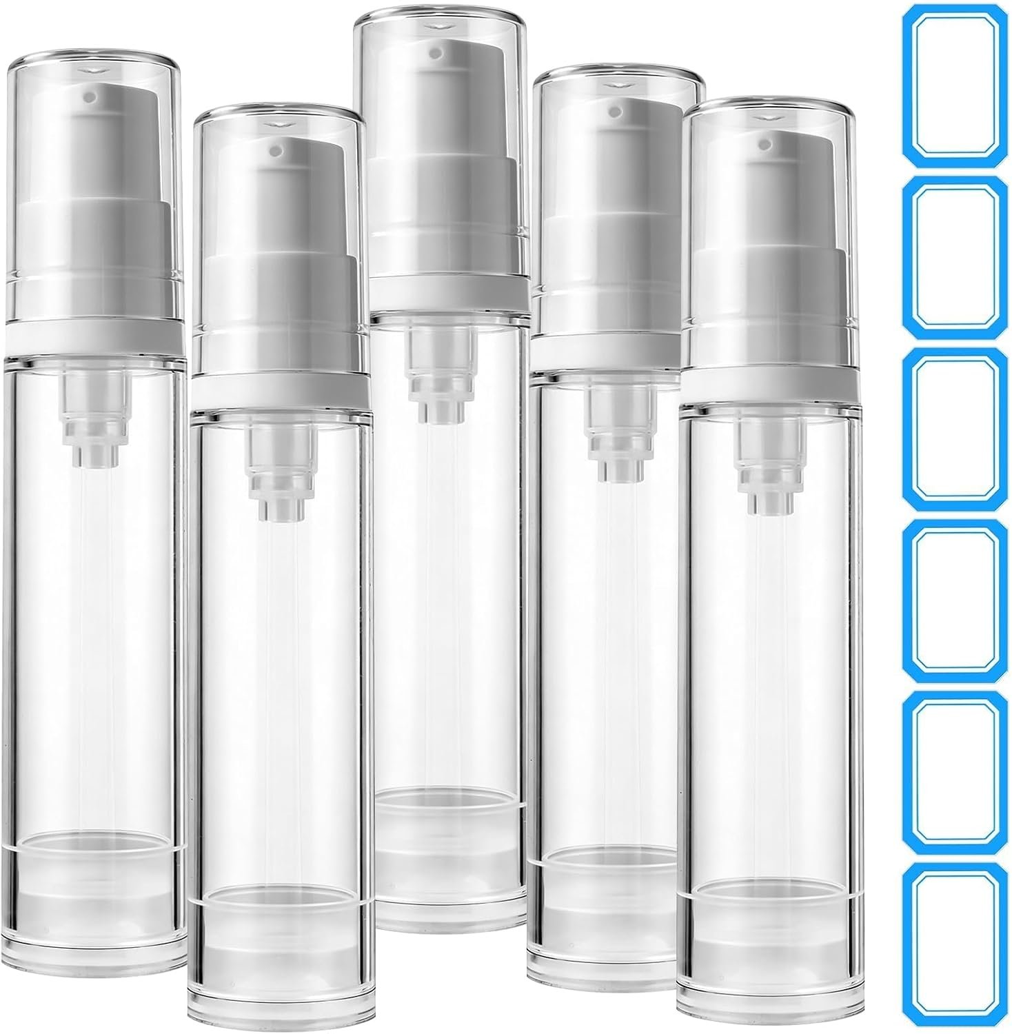 5Pcs Empty Vacuum Lotion Bottles, 10ml Mini Airless Pump Bottles with 6Pcs Blue Writable Stickers, Clear Travel Refillable Foundation Containers, Plastic Pump Skincare Bottles for Travel, Daily Use