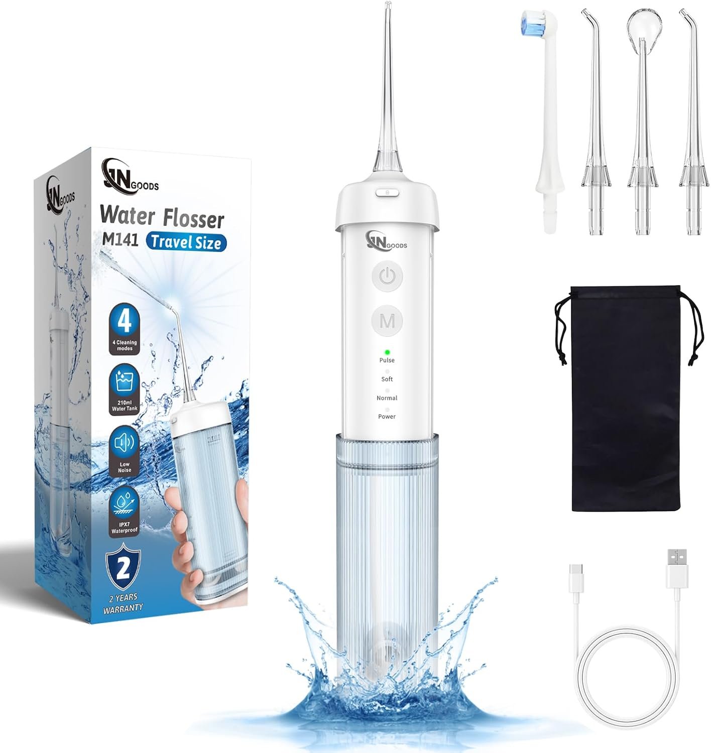 JNGOODS Mini Cordless Portable Water Flosser Oral Irrigator Water Teeth Cleaner Pick, Telescopic Water Tank, 4 Modes & IPX7 Waterproof, Home & Travel Water Flossers for Teeth, Braces Bridges Care.