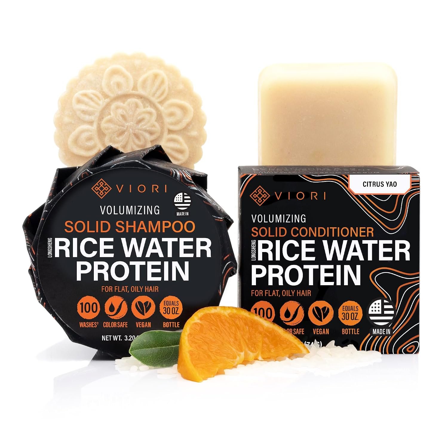Viori Volumizing Shampoo & Conditioner Bar Set – Rice Water, Citrus Yao