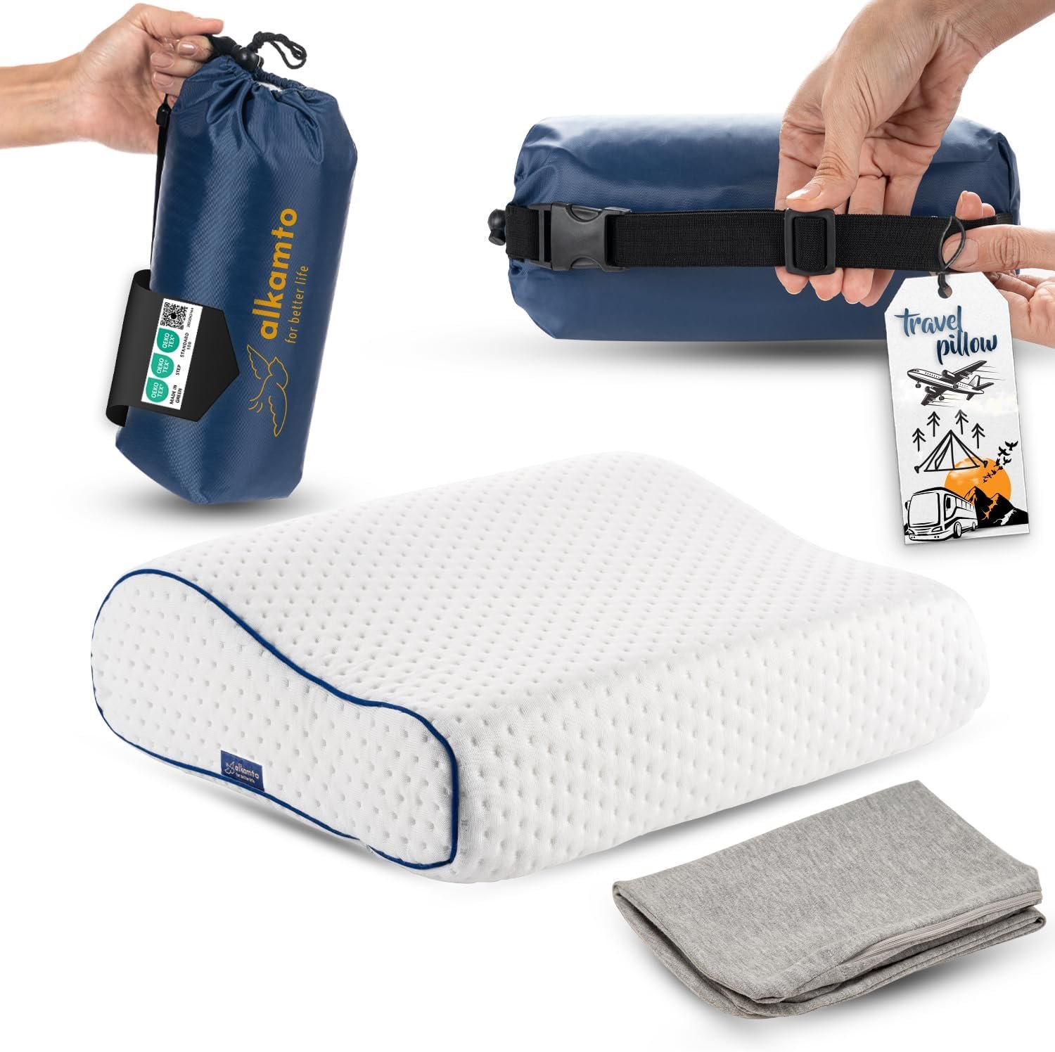 alkamto Travel & Camping Comfortable Memory Foam Pillow – Easy to Carry Portable Bag – Temperature Regulating Pillow Case