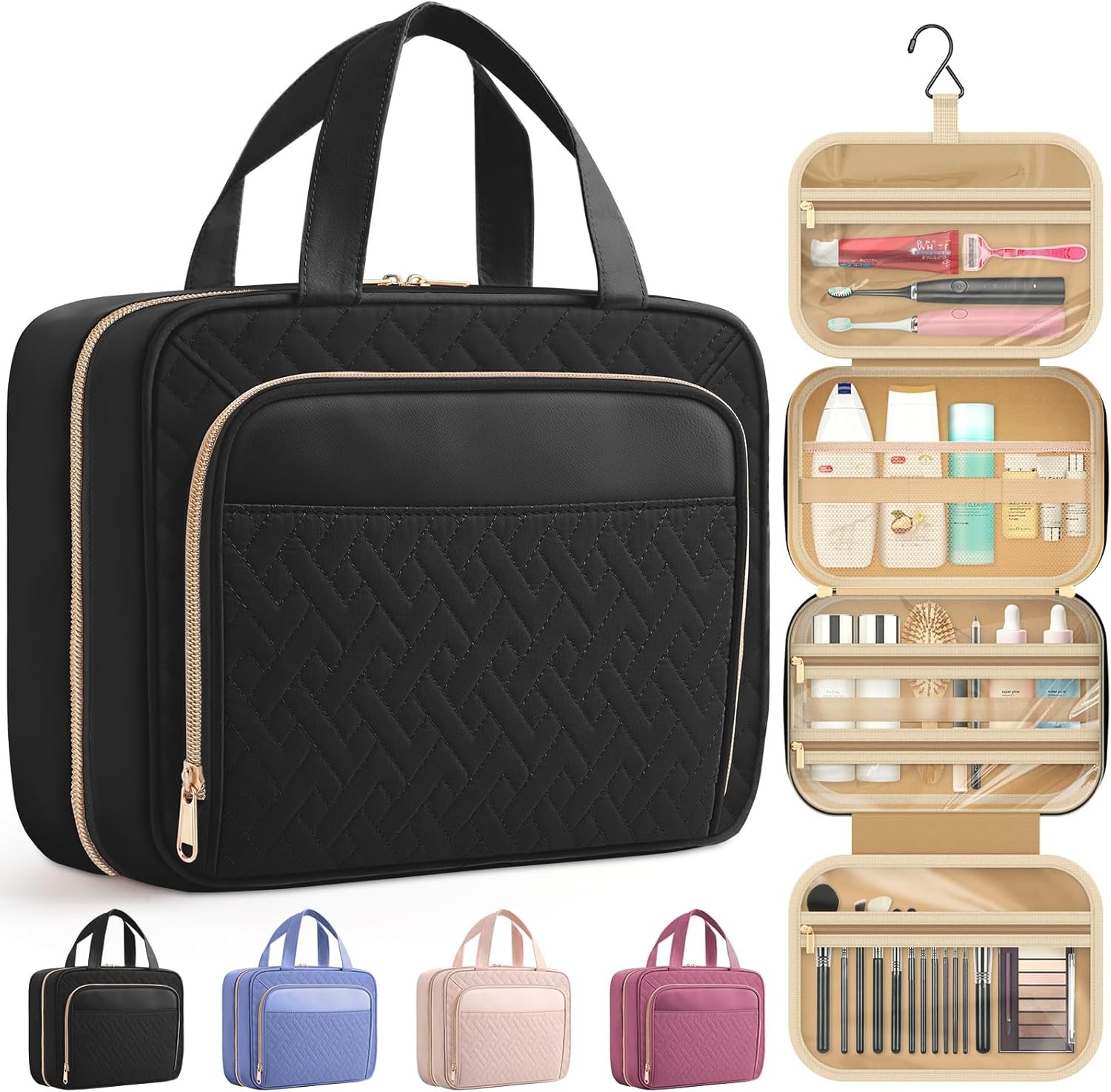 HOTOR Hanging Travel Toiletry Bag Women Men, Black, Medium