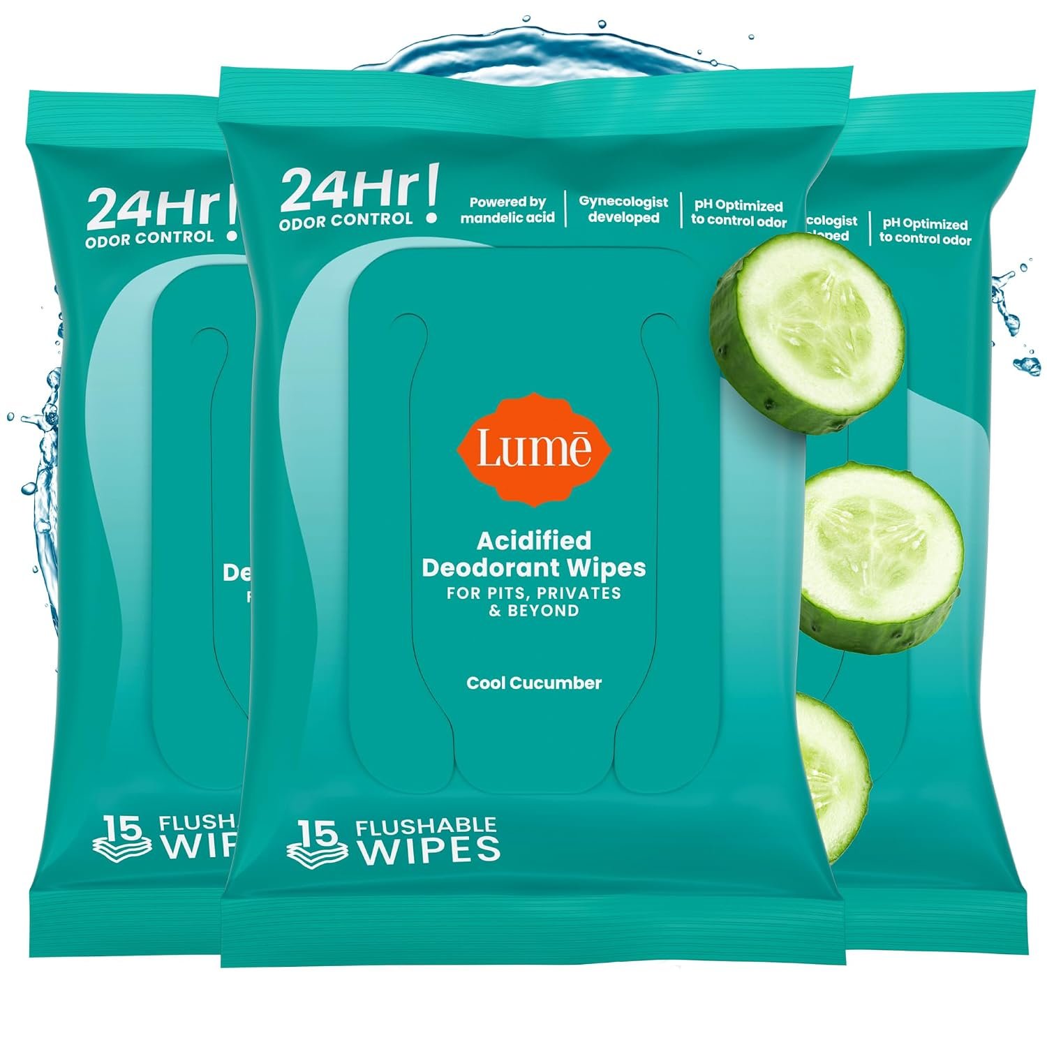 Lume Acidified Deodorant Wipes – 15 ct, 3 pk (Cool Cucumber)