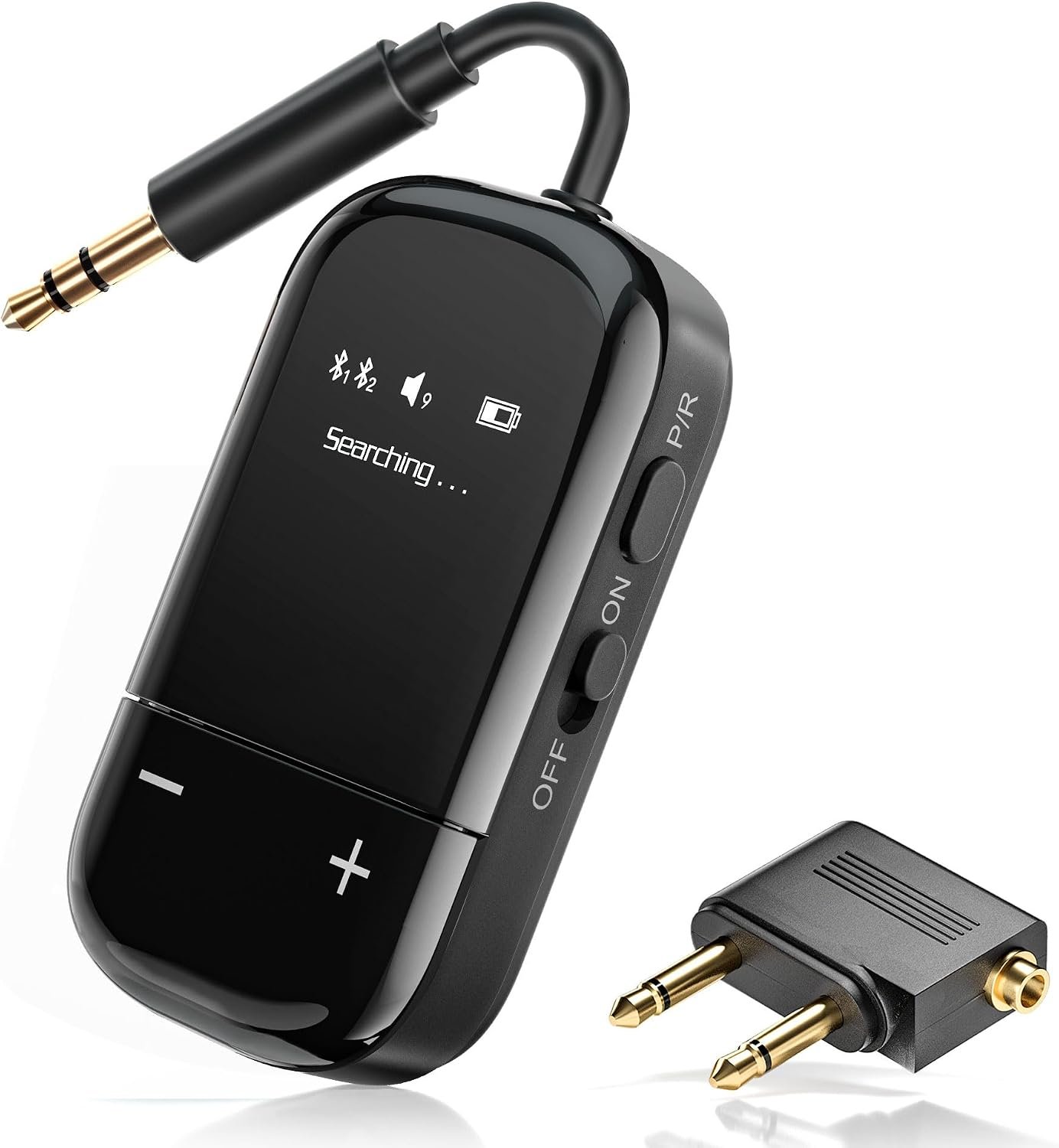 Airplane Bluetooth 5.3 Audio Transmitter with Qualcomm aptX Adaptive, LCD Display, Dual Device Support, 30Hr Battery, 3.5mm AUX for Travel, Flight, Gym