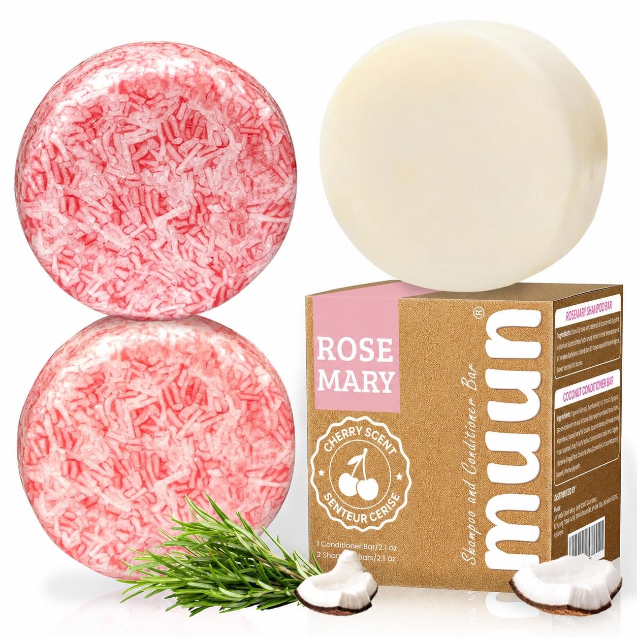 Muun Rosemary Shampoo and Conditioner Bar Set 3 – Natural Solid Hair Growth Soap Bars for Women with Straight, Curly or Thinning Hair for Anti-Hair Loss, Regrowth, pH Balanced, Sulfate & Silicone Free