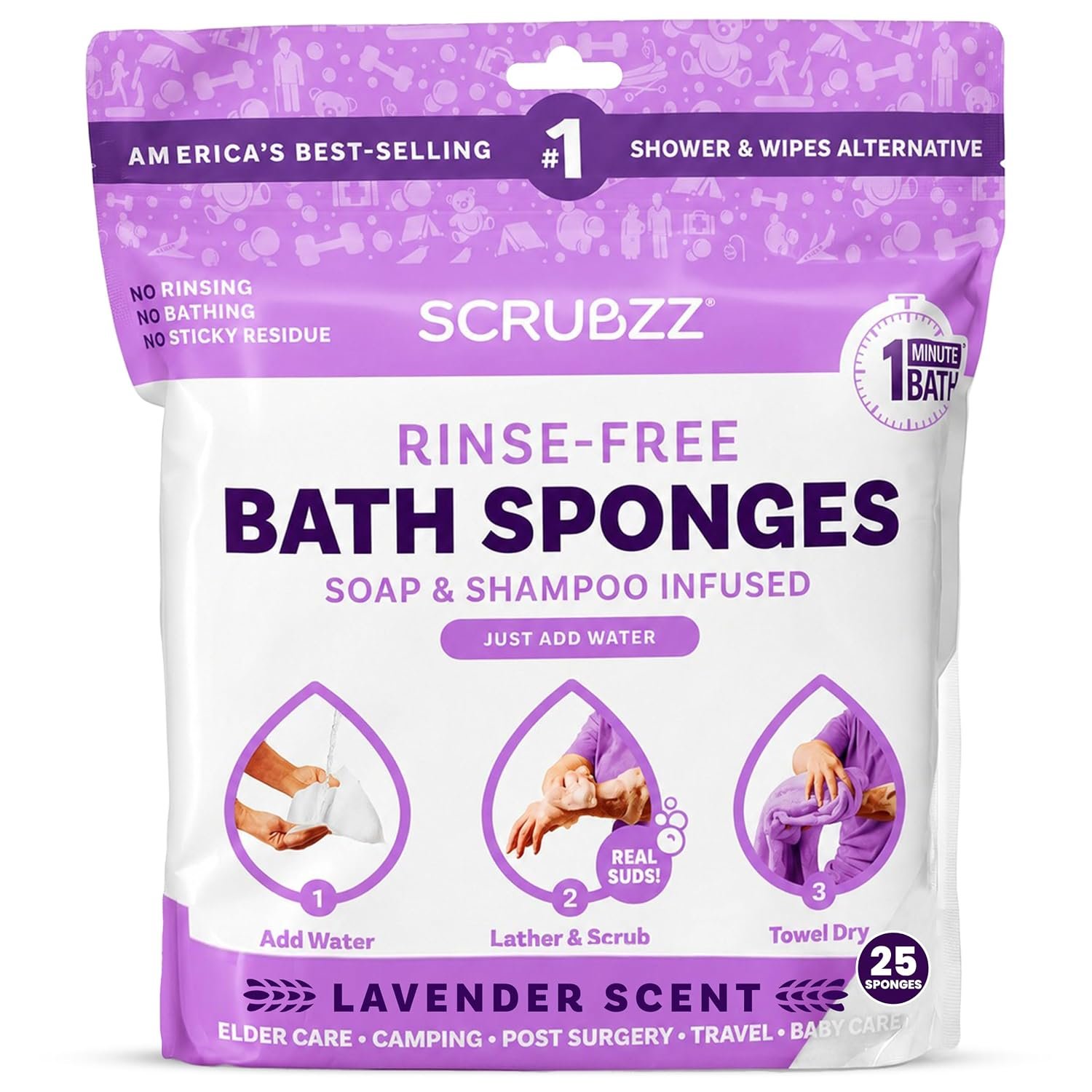 Scrubzz Disposable No Rinse Bathing Wipes – 25 Pack – All-in-1 Single Use Shower Wipes, Simply Dampen, Lather, and Dry Without Shampoo or Rinsing (Lavender, 1-Pack)