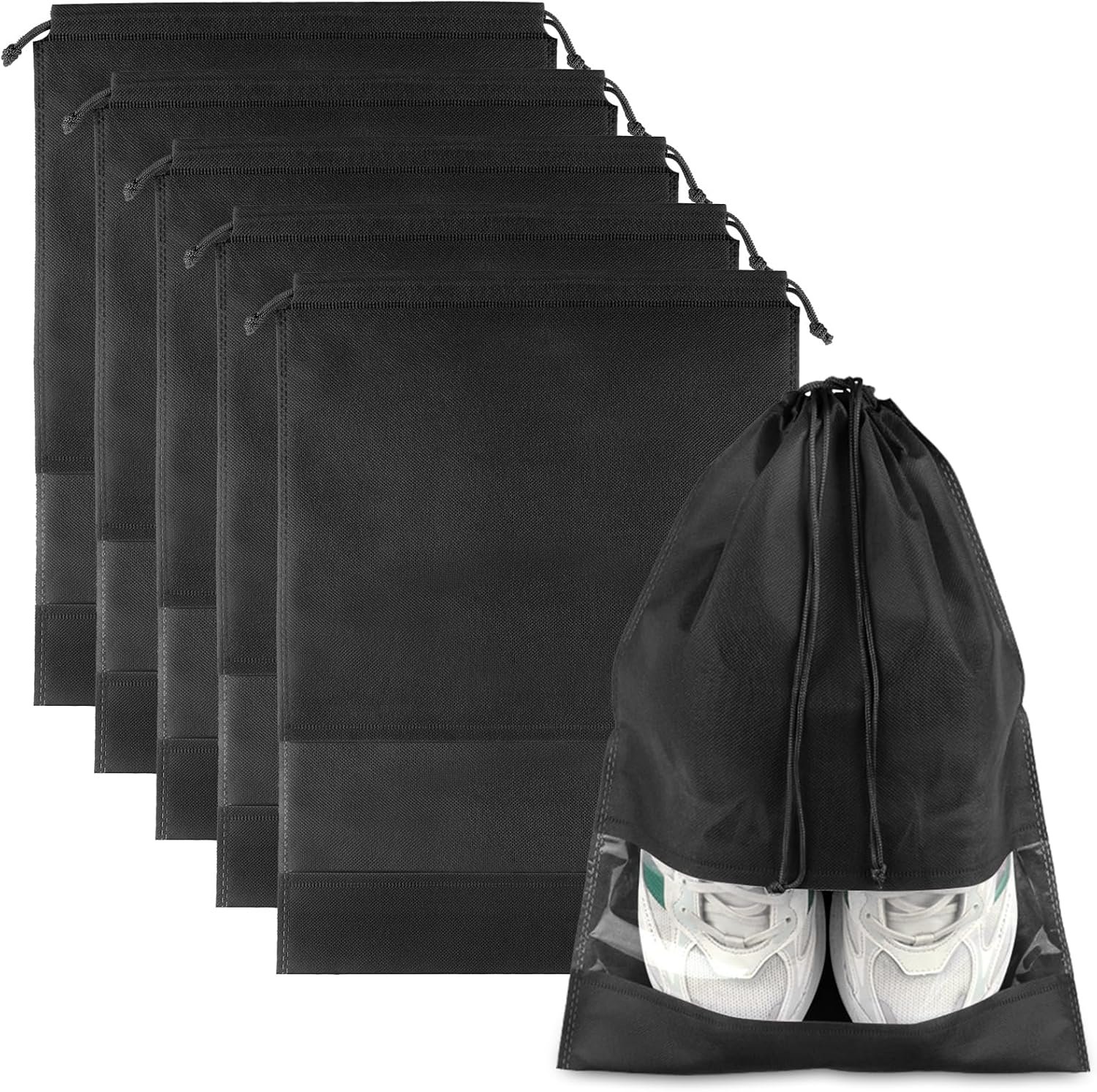 Black Travel Shoe Bags – 5 Pcs Non-Woven Packing Bags with Clear Window
