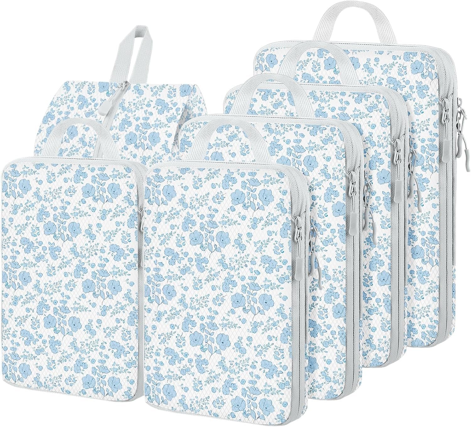 6 Set Compression Packing Cubes, Suitcase Organizer, Lightweight Travel Essentials, Compression Bags For Travel Accessories Luggage Storage Set (6Pcs, Blue floral)