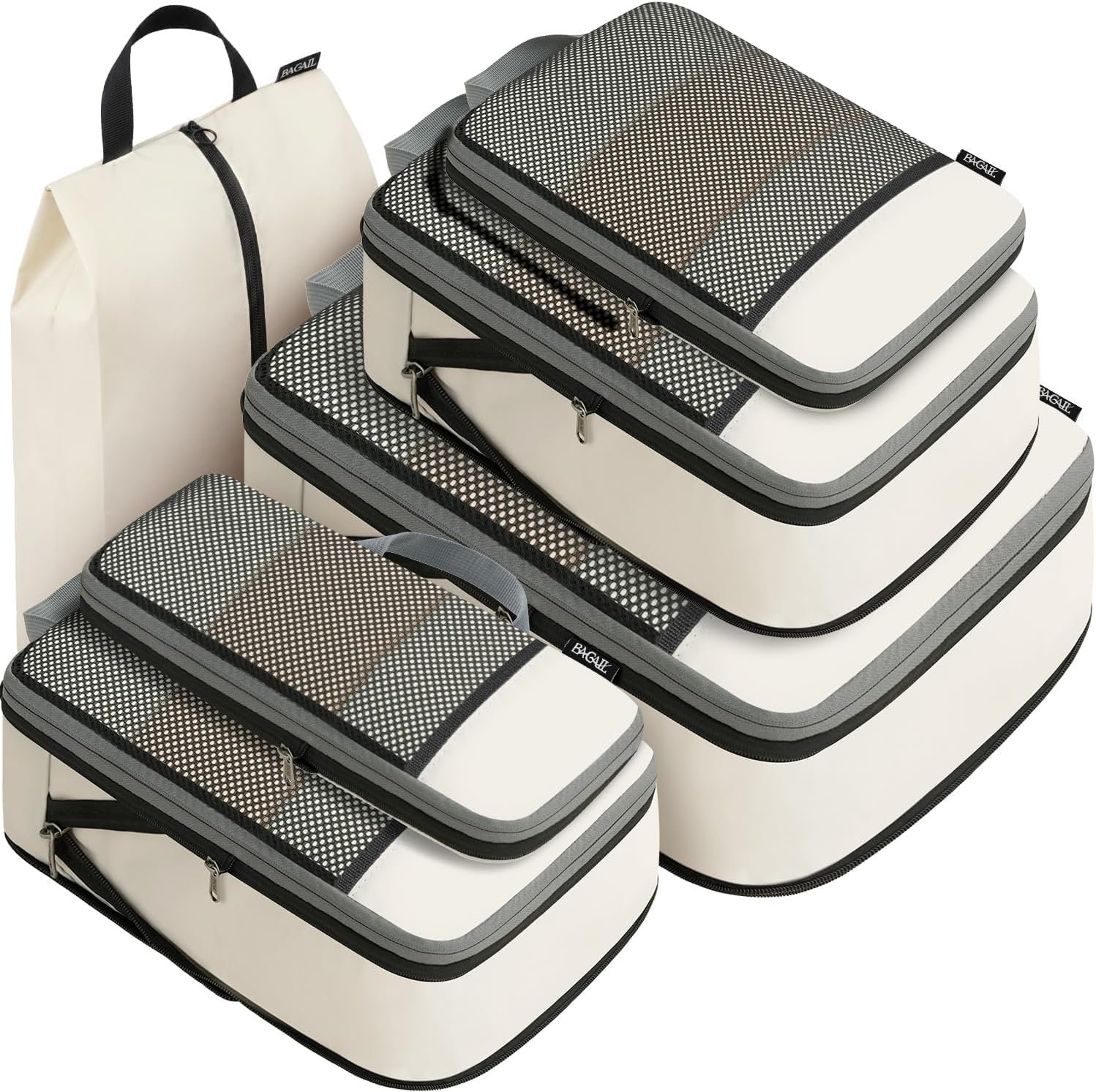 BAGAIL 4 Set/6 Set/8 Set Compression Packing Cubes Travel Accessories Expandable Packing Organizers (Half Mesh, 6-Beige)