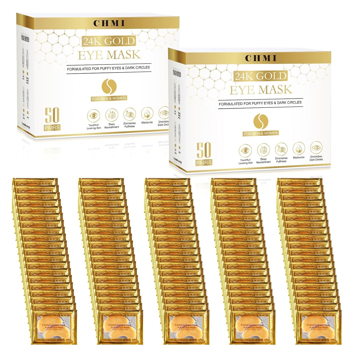 CHMI 24K Gold Under Eye Patches 100 Pairs Collagen, Dark Circles, Wrinkles