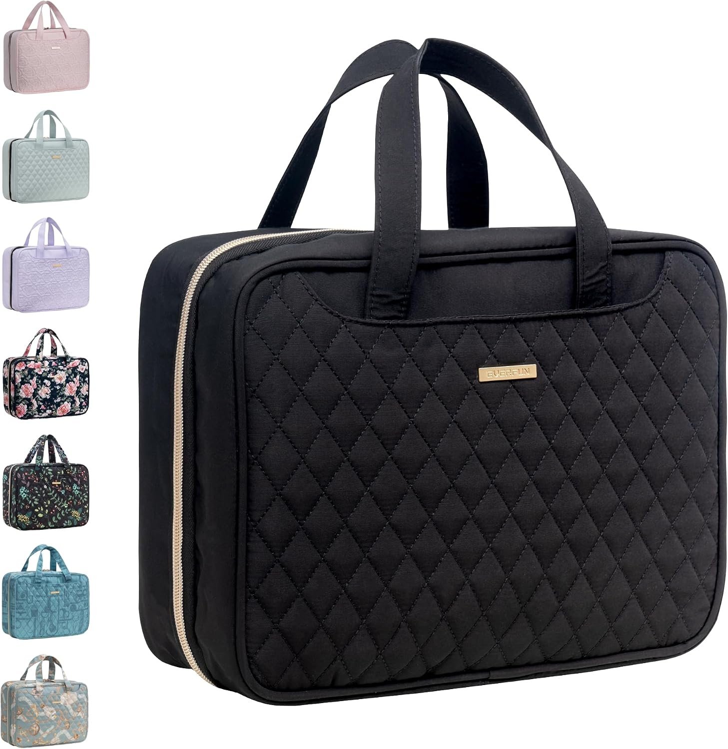 Everfun Travel Toiletry Bag with Hanging Hook and Leakproof Wet/Dry Compartments, Large Capacity Makeup Cosmetic Organizer for Women, 12x9x4.5 Inch, Black