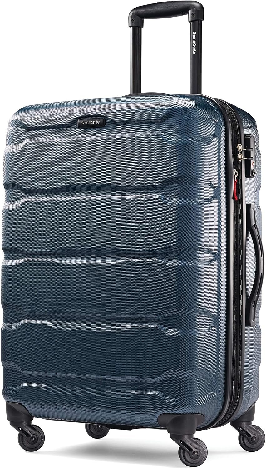 Samsonite Omni PC Hardside Expandable Luggage with Spinner Wheels, Teal, Checked-Medium 24-Inch